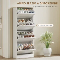 HOMCOM Scarpiera Salvaspazio a 4 Cassetti con Ripiani Regolabili su 2 Livelli, 60x23.5x153.3 cm, Bianco(m-4)