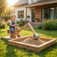 AIYAPLAY Arenero para Niños de Madera con Excavadora Arenero Infantil con Asiento Giratorio 360° y Forro 184x90x56 cm Natural(m-2)