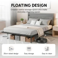 HOMCOM Floating Bed Frame, Upholstered 5ft King Size Bed, Platform Bed with RGB LED Lights and Charging Station, Grey(m-4)