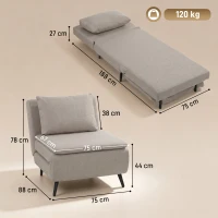 HOMCOM 1-Sitzer Schlafsessel, Clic-Clac 3 in 1 Schlafsessel mit verstellbarer Rückenlehne, Kissen, breite Sitzfläche, Hellbraun(m-3)