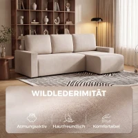 HOMCOM Ecksofa mit Schlaffunktion und umkehrbarer Chaiselongue, L-förmiges 3-Sitzer Sofa aus Veloursbezug, Beige(m-7)