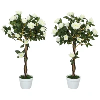 Outsunny Plantă artificială de trandafir cu 21 de flori și ghiveci umplut cu ciment și mușchi, Ø18x90 cm, albă(m-1)