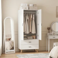 HOMCOM Armário de Quarto 2 Portas com Fecho Suave 2 Gavetas e Barra de Suspensão 80x54x180 cm Branco(m-4)