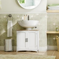 kleankin Meuble salle de bain sous lavabo à double portes avec étagères réglables, blanc et bois naturel(m-10)