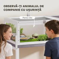PawHut Casă pentru Țestoase Înălțată cu Separator, Sertar și 2 Capace, Teren pentru Țestoase din Lemn de Brad și PS, 104x53x82 cm, Gri și Alb(m-6)