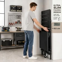 HOMCOM Werkbank mit Lochwand, Klappbare Mobile Werkbank mit Rollen, Dicke Arbeitsplatte, Stahlrahmen, Haken, Schwarz(m-4)