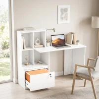 HOMCOM Scrivania per Computer con Libreria, 4 Scomparti e Cassetto con Serratura, 126x50x109 cm, Effetto Legno Bianco(m-2)