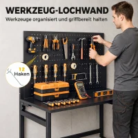 HOMCOM Werkbank mit Lochwand, Klappbare Mobile Werkbank mit Rollen, Dicke Arbeitsplatte, Stahlrahmen, Haken, Schwarz(m-6)