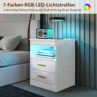HOMCOM Moderner Nachttisch, Beistelltisch mit Ladestation und RGB-LED-Beleuchtung, Hochglanz Weiß(m-5)