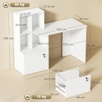 HOMCOM Scrivania per Computer con Libreria, 4 Scomparti e Cassetto con Serratura, 126x50x109 cm, Effetto Legno Bianco(m-3)