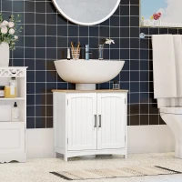 kleankin Meuble salle de bain sous lavabo à double portes avec étagères réglables, blanc et bois naturel(m-2)