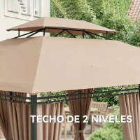 Outsunny Cenador para Jardín 3x4 m Pabellón de Jardín Gazebo con Doble Techo 6 Paredes Laterales Estructura Metálica Caqui(m-4)