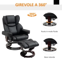 HOMCOM Poltrona Relax e Pouf Poggiapiedi, Reclinabile a 145° con Seduta Girevole in Finta Pelle, Nero(m-6)