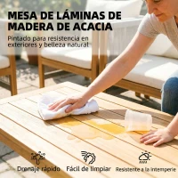 Outsunny Conjunto de Muebles de Jardín de 4 Piezas con Sofá 2 Plazas 2 Sillones Mesa de Madera Cojines y Cuerda PP Beige(m-7)