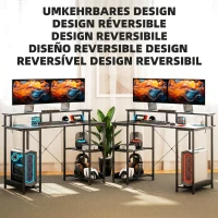 HOMCOM Birou Reversibil pentru PC cu Prize Electrice, Lumini, Suport Monitor și Raft, 120x50 cm, Negru(m-7)