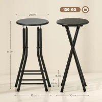 HOMCOM 2er-Set Klappbare Barhocker, Runde Barstühle mit Doppel-Fußstütze, Stahlgestell, Schwarz(m-3)