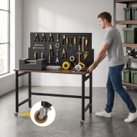 HOMCOM Werkbank mit Lochwand, Klappbare Mobile Werkbank mit Rollen, Dicke Arbeitsplatte, Stahlrahmen, Haken, Schwarz(m-7)