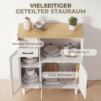 HOMCOM Sideboard Küchenschrank mit Schublade, 2 Schränken, Offenem Fach, geriffelter Acrylglastür 80 x 34 x 91 cm Weiß+Eiche(m-5)