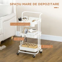 HOMCOM Cărucior de Bucătărie Multifuncțional cu 3 Nivele, Coșuri și Cârlige Detașabile, 42x38x86.5 cm, Negru(m-4)