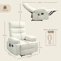HOMCOM Fauteuil de massage fauteuil relax avec fonction inclinable vibration chauffage, télécommande inclus, crème(m-3)