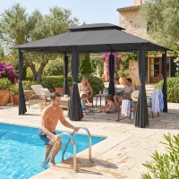 Outsunny Cenador para Jardín 3x4 m Pabellón de Jardín Gazebo con Doble Techo 6 Paredes Laterales Estructura Metálica Gris(m-8)