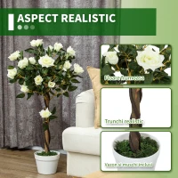 Outsunny Plantă artificială de trandafir cu 21 de flori și ghiveci umplut cu ciment și mușchi, Ø18x90 cm, albă(m-5)