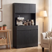 HOMCOM Buffet-Küchenschrank mit Arbeitsplatte, 6 Türen, hoher Stauraumschrank mit Regalen, Schwarz(m-8)