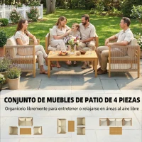 Outsunny Conjunto de Muebles de Jardín de 4 Piezas con Sofá 2 Plazas 2 Sillones Mesa de Madera Cojines y Cuerda PP Beige(m-4)