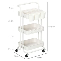 HOMCOM Cărucior de Bucătărie Multifuncțional cu 3 Nivele, Coșuri și Cârlige Detașabile, 42x38x86.5 cm, Negru(m-3)