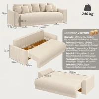 HOMCOM Schlafsofa 190x150cm 3-Sitzer Sofa mit Schlaffunktion, Kissen, Stauraum, Cord-Optik für Wohnzimmer, Beige(m-3)
