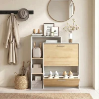 HOMCOM Mobile Portascarpe con 2 cassetti ribaltabili e ripiani, Bianco e Legno Naturale.(m-9)