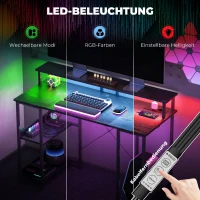 HOMCOM Birou Reversibil pentru PC cu Prize Electrice, Lumini, Suport Monitor și Raft, 120x50 cm, Negru(m-5)