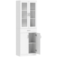 HOMCOM Armário de Cozinha com Portas de Vidro Gaveta Prateleiras Ajustáveis para Sala de Jantar Sala 60x35x180 cm Branco