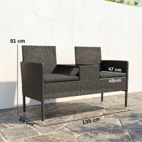 Outsunny Divanetto per Esterni 2 Posti con Tavolino da Caffè, in Acciaio e Rattan PE, 137x59x82 cm, Nero(m-3)