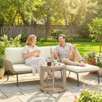 Outsunny Conjunto de Móveis de Jardim Exterior em Ratã com Sofá de 2 Lugares Chaise Longue Almofadas e Mesa Creme(m-7)