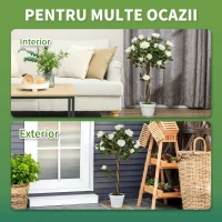 Outsunny Plantă artificială de trandafir cu 21 de flori și ghiveci umplut cu ciment și mușchi, Ø18x90 cm, albă(m-4)