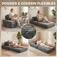 HOMCOM Canapé-lit pliant 2 en 1, chauffeuse 1 place, convertible en chenille, coussin épais, dossier et oreiller, gris(m-7)