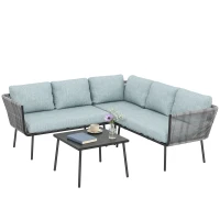 Outsunny Conjunto de Móveis de Jardim em Ratã Sofá de Canto com Almofadas e Mesa de Centro para Terraço Exterior Azul Claro(m-10)