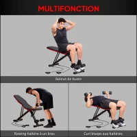 HOMCOM Banc de musculation pliable dossier réglable 6 niveaux assise ajutable 4 niveaux coussin 130 x 34 x 109 cm noir et rouge(m-5)