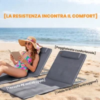 Outsunny Set 2 Sdraio da Spiaggia con Schienale Regolabile su 5 Livelli, Poggiatesta e Borsa da Viaggio, Lettini Spiaggia Pieghevoli Portatili in Acciaio e PE, 134x48x33-43 cm, Grigio(m-6)