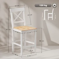 HOMCOM Taburetes Altos de Cocina de Madera Altura Asiento 60,2 cm con Respaldo y Reposapiés 41x46x97,5 cm Natural y Blanco(m-3)