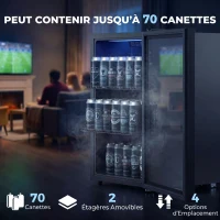 HOMCOM Réfrigérateur à boissons 70L et 70 canettes, petit frigo silencieux, porte en verre trempé, étagères réglables, noir(m-4)