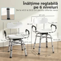 HOMCOM Scaun de Duș Rotativ Reglabil pe Înălțime cu Brațe, Spătar, Capacitate 150 kg, Alb(m-3)
