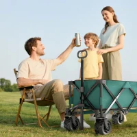 Outsunny Outdoor Folding Garden Trolley on Wheels - Pull Along Camping Cart, Cargo Wagon Trailer with Telescopic Handle and Big Wheels for Beach Garden, Green(m-11)