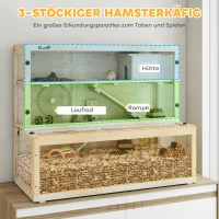 PawHut Hamsterkäfig, 3 Ebenen, Hütte, Zubehör, 100 x 50 x 84 cm, für mehrere Kleintiere, Holz, Kunststoff(m-4)