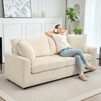 HOMCOM Sofá de 3 Plazas Tapizado en Pana con 2 Almohadas Reposabrazos y Cojín de Muelles para Salón 212x80x88 cm Crema(m-6)