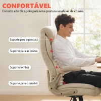 HOMCOM Cadeira de Escritório com Massagem Vibratória de 4 Pontos Aquecimento Lombar Apoios de Braços Rebatíveis Encosto Alto Altura Ajustável Creme(m-7)