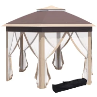 Outsunny tuinpaviljoen opvouwbaar tuinhuisje 4 x 4 m pop-up tent partytent incl. draagtas 6 zijpanelen dubbel dak zeshoekig beige + kaki(m-1)
