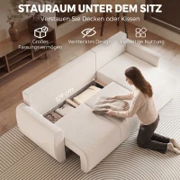 HOMCOM Schlafsofa mit Umkehrbarer Chaiselongue, L-förmiges 3-Sitzer Sofa aus Veloursbezug, Cremeweiß(m-6)