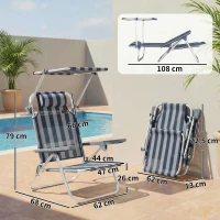 Outsunny Conjunto de 2 Cadeiras de Praia Dobráveis com Toldo Ajustável, Encosto Reclinável em 6 Posições e Apoio de Cabeça, Azul e Branco(m-3)